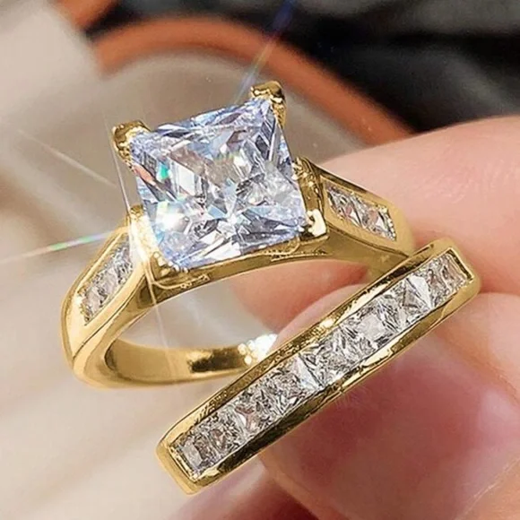 Princess Cut Moissanite Engagement and band set, 14K Yellow Gold Plated Set - Picture 6 of 11